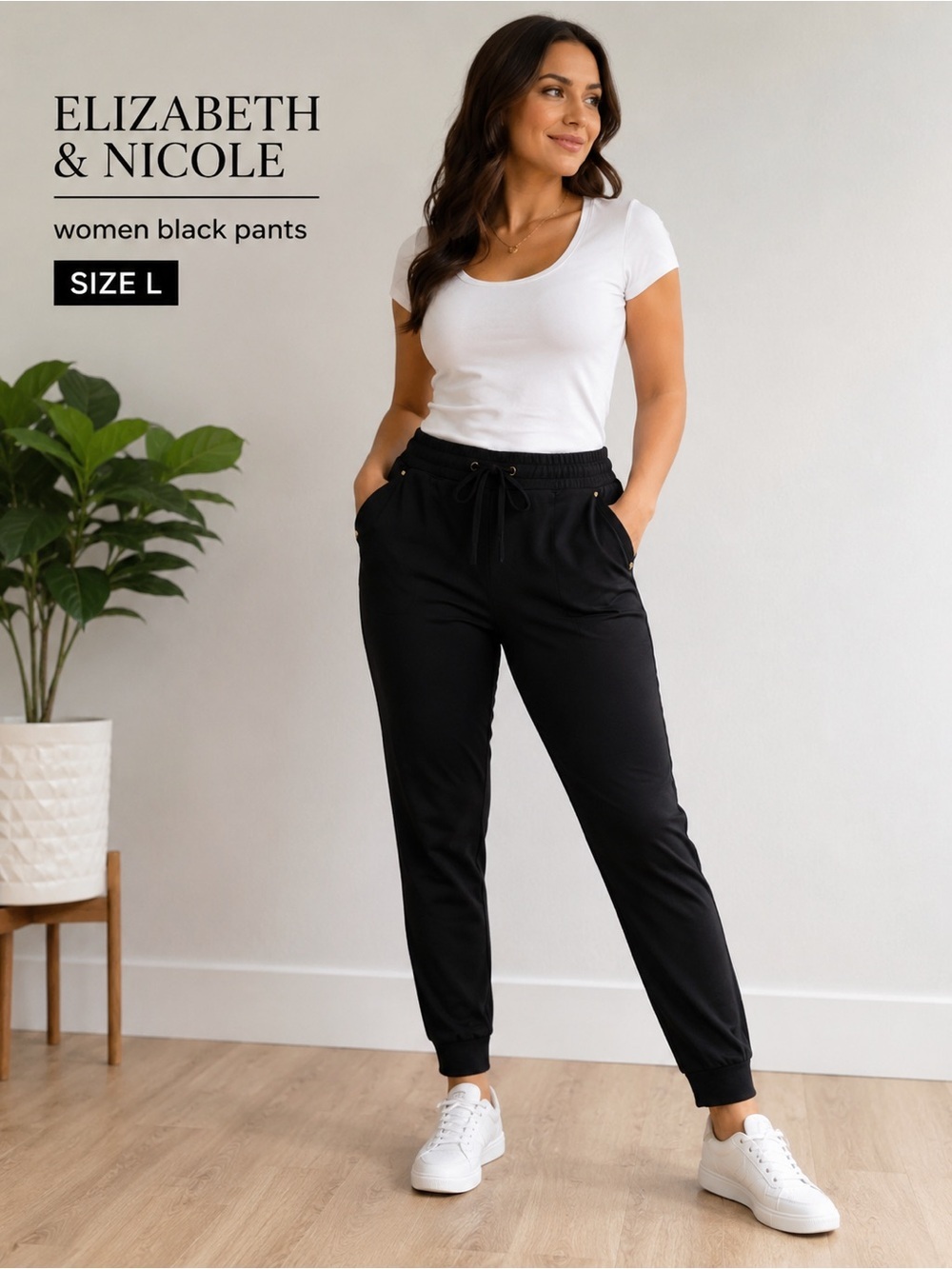 ELIZABETH & NICOLE women black casual comfort joggers pants/size L